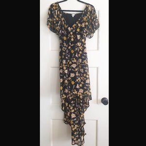 Floral Chiffon Black and Yellow Floral High Low Dress (Size Medium)